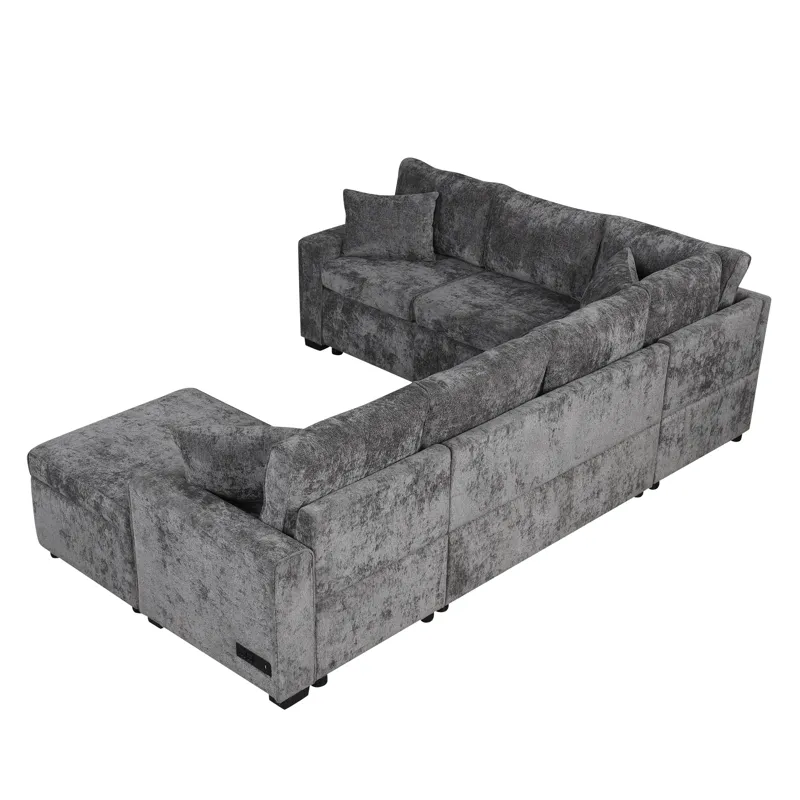 Sectional Sofa Pull-Out Sofa Bed Sleeper With A Storage Ottoman, Three Pillows And Charging Devices 