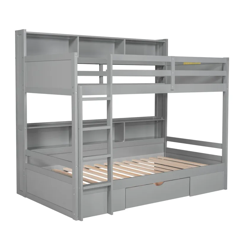 Twin Size Bunk Bed With Built-In Shelves Beside Both Upper And Down Bed And Storage Drawer - Gray