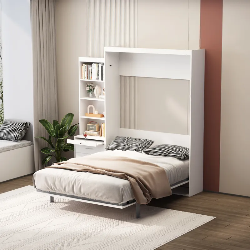 Morden Deisgn Full Size Vertical Murphy Bed With Shelf And Drawers For Bedroom Or Guestroom Wall Bed