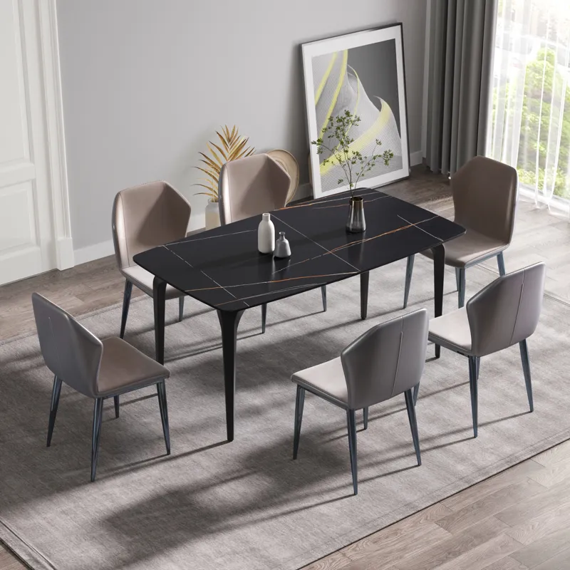 63\" Artificial Stone Black Curved Black Metal Leg Dining Table, 6 People - Black