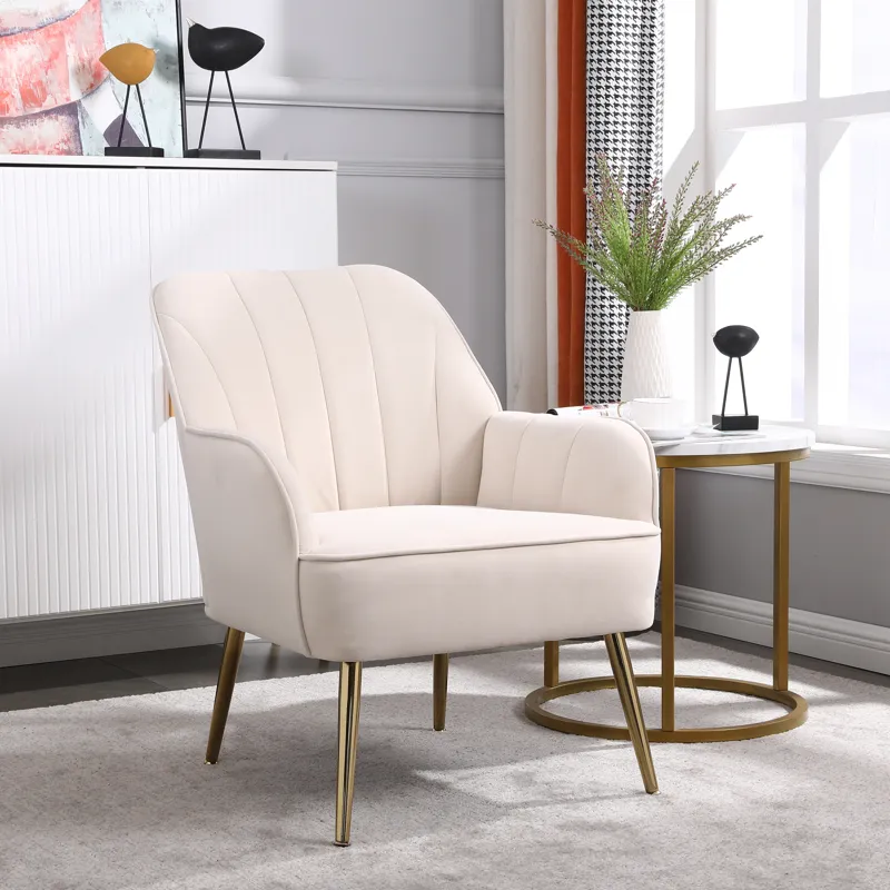 Modern Mid-Century Chair Velvet Sherpa Armchair For Living Room Bedroom Office - Beige