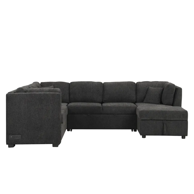 U-Shaped Sectional Sofa Pull Out Sofa Bed With Two USB Ports, Two Power Sockets, Three Back Pillows 