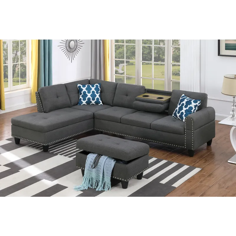 Alger - 98" Wide Left Hand Facing Sofa & Chaise With Ottoman - Dark Gray