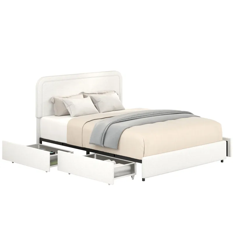 Liv - Patented 2-Drawers Queen Upholstered Storage Platform Bed - Ivory Boucle