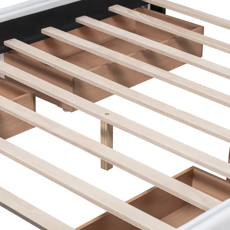 Queen Size Upholstered Platform Bed With Classic Headboard And 4 Drawers, No Box Spring Needed - Whi
