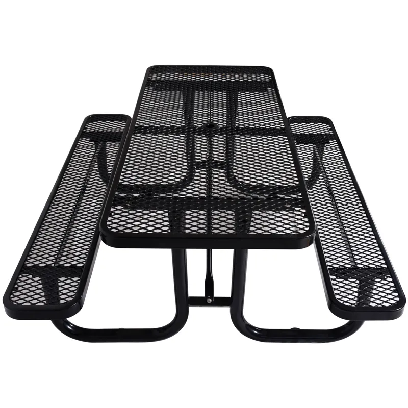 Rectangular Outdoor Steel Picnic Table With Umbrella Pole - Black