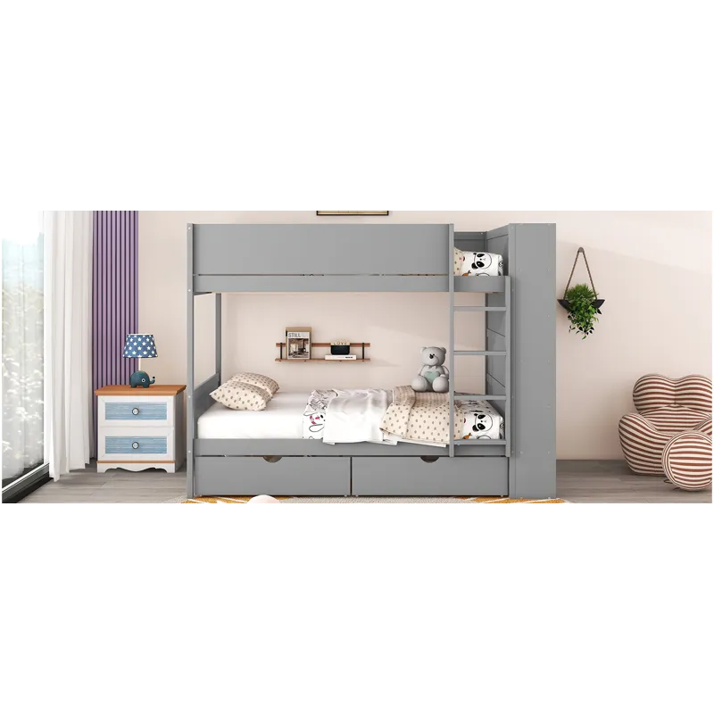 Full Over Full Bunk Bed With 2 Drawers And Multi - Layer Cabinet - Gray