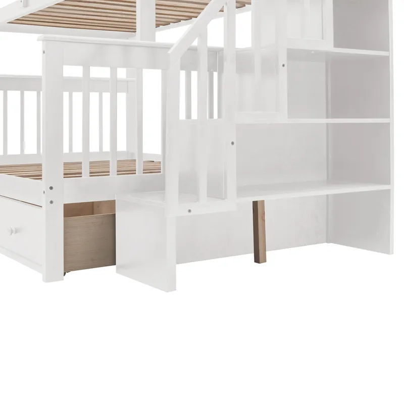 Twin Over Full Stairway Bunk Bed With Drawer, Storage And Guard Rail For Bedroom, Dorm, For Adults -