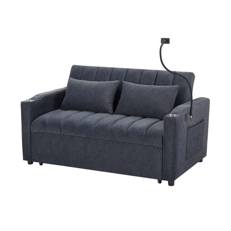 Convertible Sofa Bed Loveseat Sofa With Three USB Ports, Two Side Pockets, Two Cup Holders And 360° 
