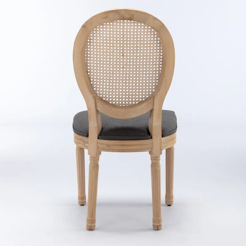 French Style Solid Wood Frame Antique Painting Linen Fabric Rattan Back Dining Chair (Set of 2) - Gr