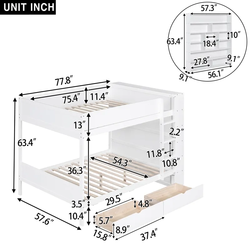Full Over Full Bunk Bed With 2 Drawers And Multi - Layer Cabinet - White
