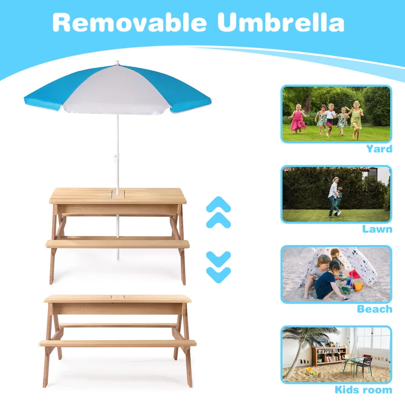 3-In-1 Kids Outdoor Wooden Picnic Table With Umbrella, Convertible Sand & Water, ASTM & CPSIA Certif