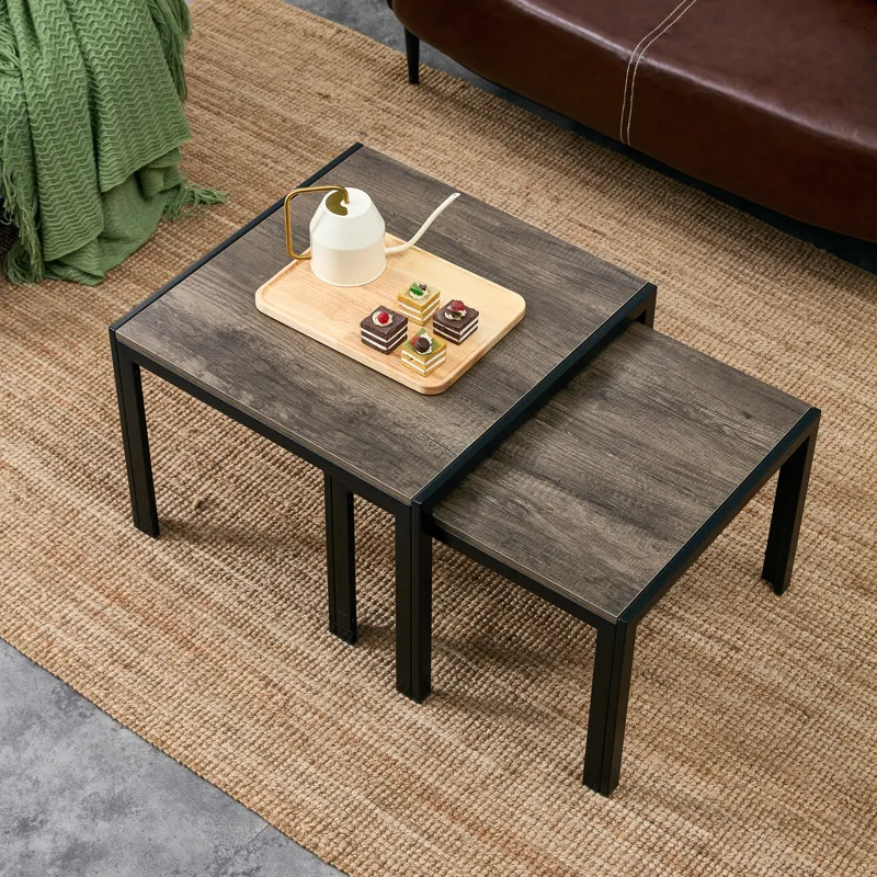 Nesting Coffee Table (Set of 2), Square Modern Stacking Table With Wood Finish For Living Room - Gra