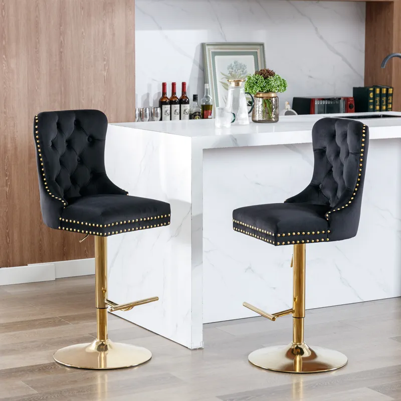 Thick Golden Swivel Velvet Barstools Adjusatble Seat Height From 27-35\", Modern Upholstered Bar Sto