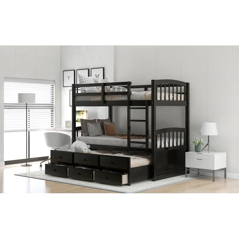 Twin Over Twin Wood Bunk Bed With Trundle And Drawers - Espresso