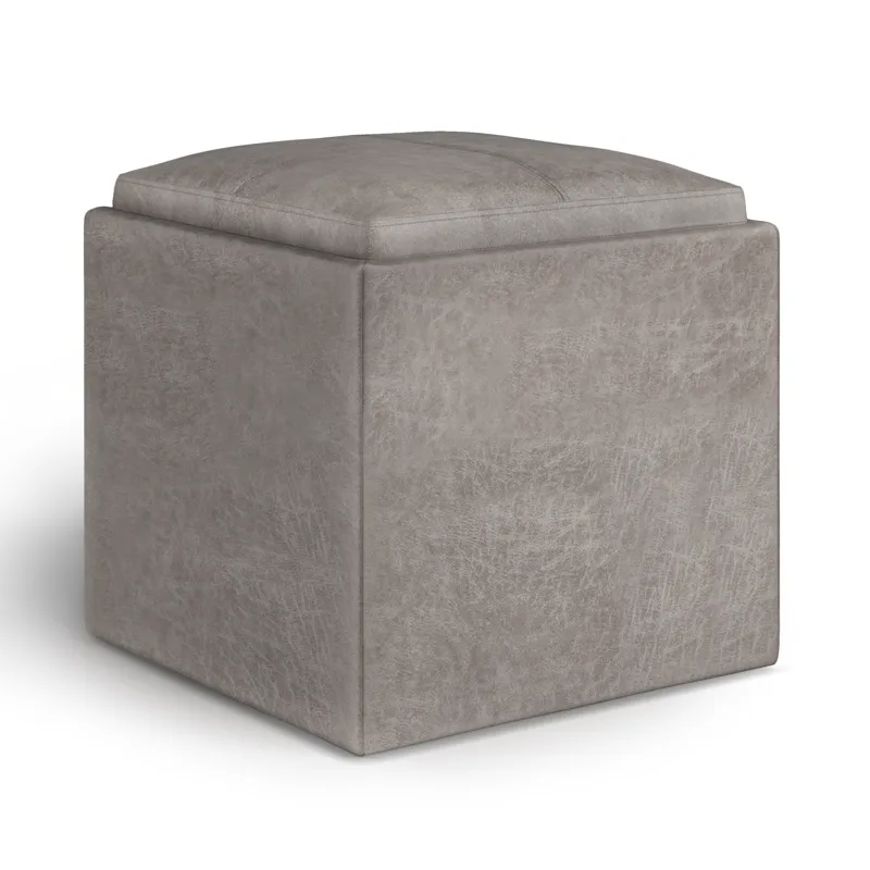 Rockwood - Cube Storage Ottoman with Tray - Distressed Grey Taupe