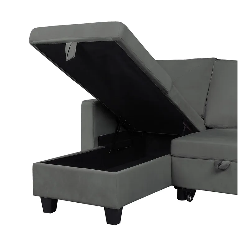 Nova - Velvet Reversible Sleeper Sectional Sofa With Storage Chaise - Dark Gray