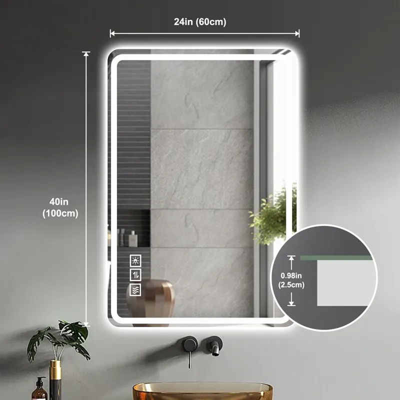 24X40\" LED Bathroom Mirror Vanity Mirrors With Front Lights Wall Mounted Anti-Fog Frameless Make Up