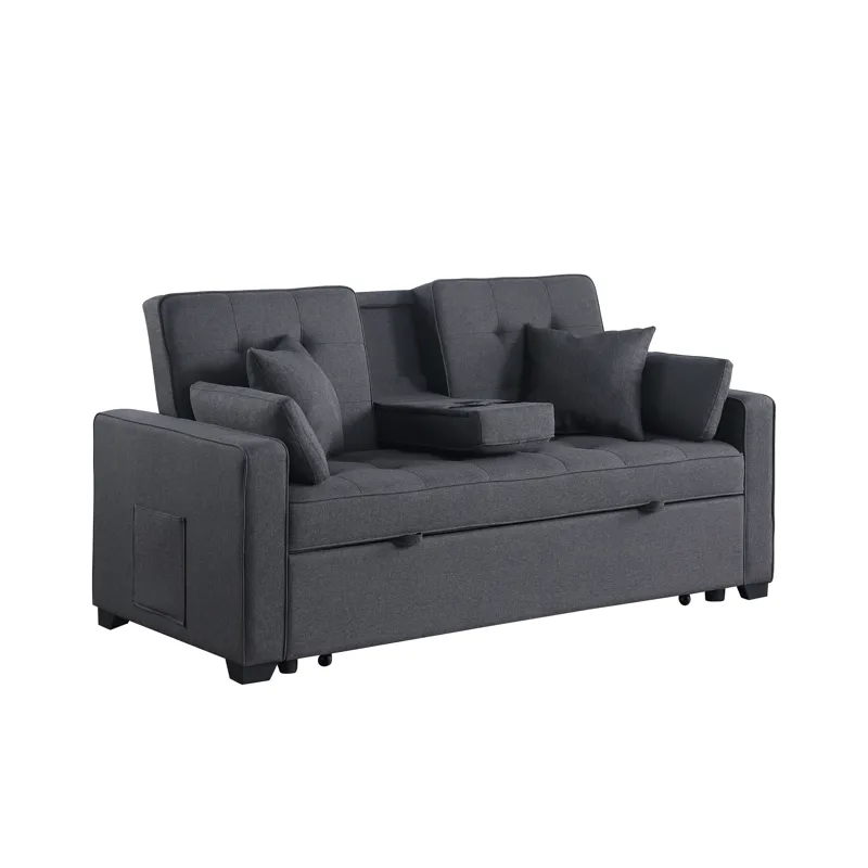 Cody II - 69.5\"W Dark Gray Linen Convertible Sleeper Loveseat With Cup Holder, Charging Ports and P