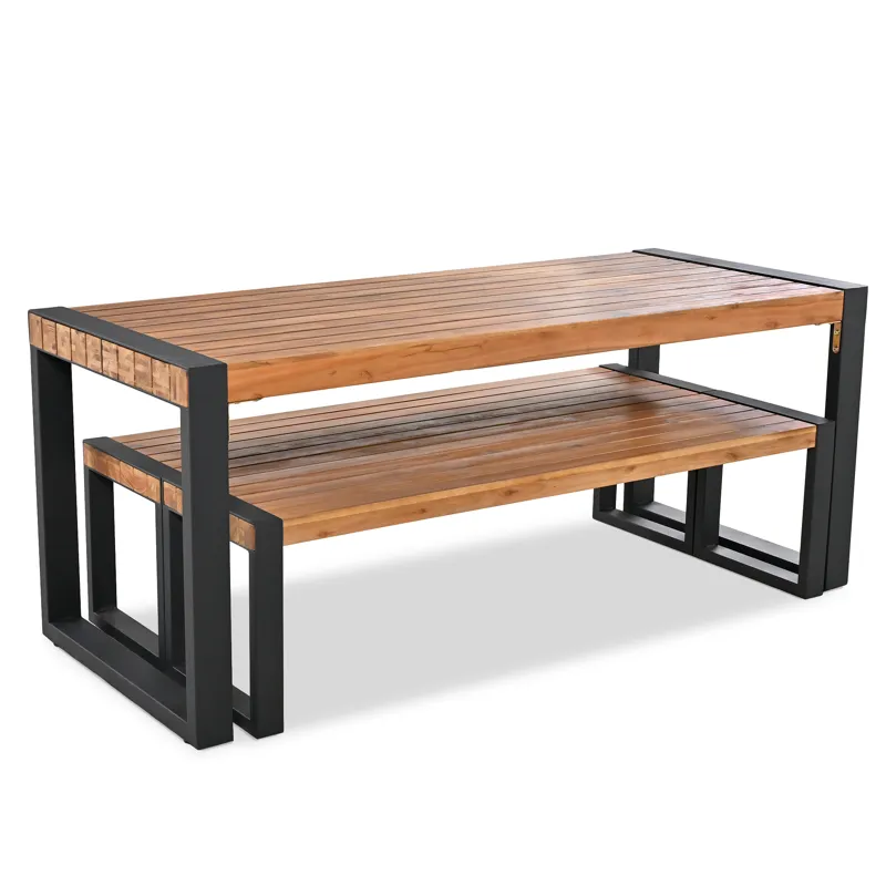 3 Pieces Outdoor Dining Table With 2 Benches, Patio Dining Set With Unique Top Texture, Acacia Wood 