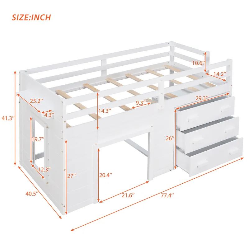 Twin Size Loft Bed With Cabinet And Shelf - White