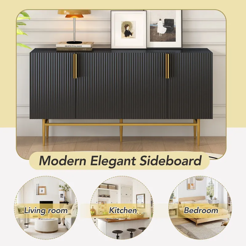 Modern Elegant 4 Door Sideboard Gold Metal Handle Buffet Cabinet For Dining Room, Living Room, Bedro