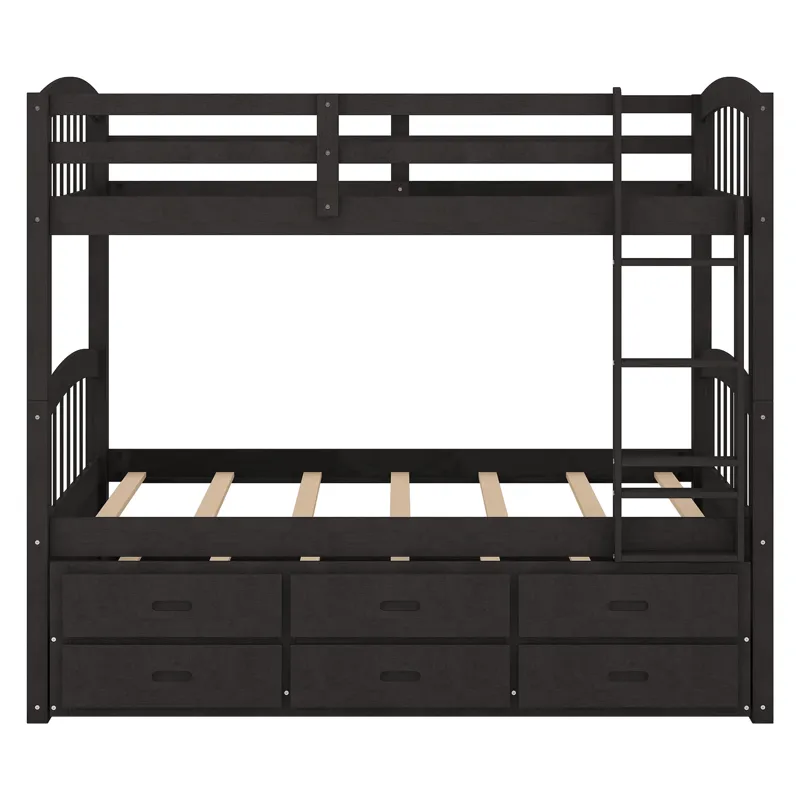 Twin Over Twin Wood Bunk Bed With Trundle And Drawers - Espresso