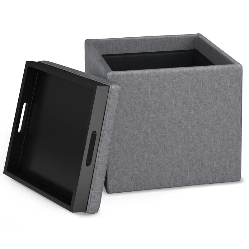 Rockwood - Cube Storage Ottoman with Tray - Slate Grey