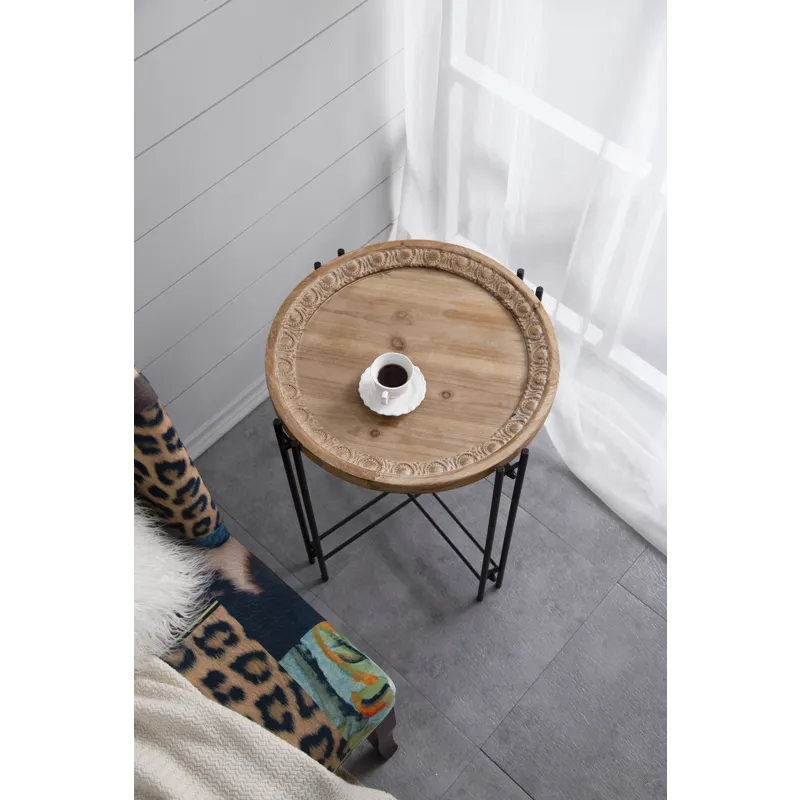Round Side Table With Wood Top, End Table For Living Room Bedroom - Black Brown