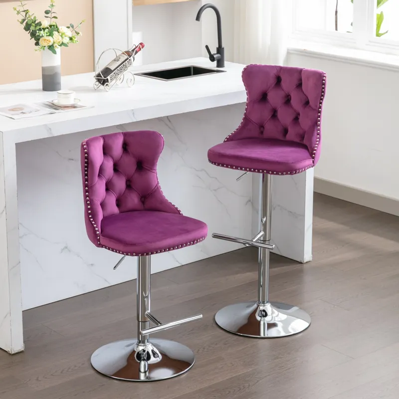Swivel Velvet Barstools, Adjusatble Seat Height 1712PP (Set of 2) - Purple