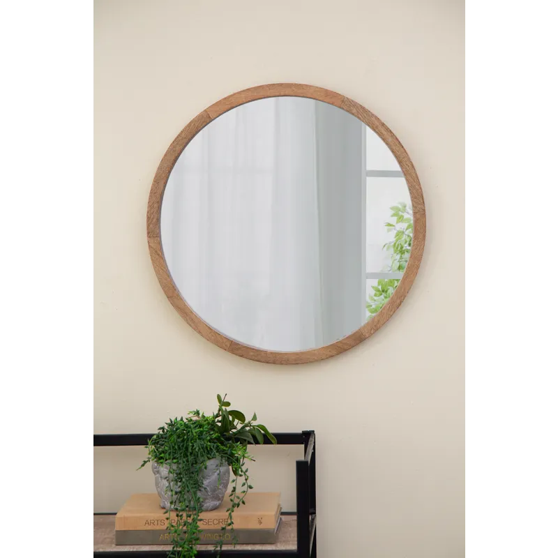 Circle Wall Mirror With Wooden Frame, Wall Mirror For Living Room - Brown