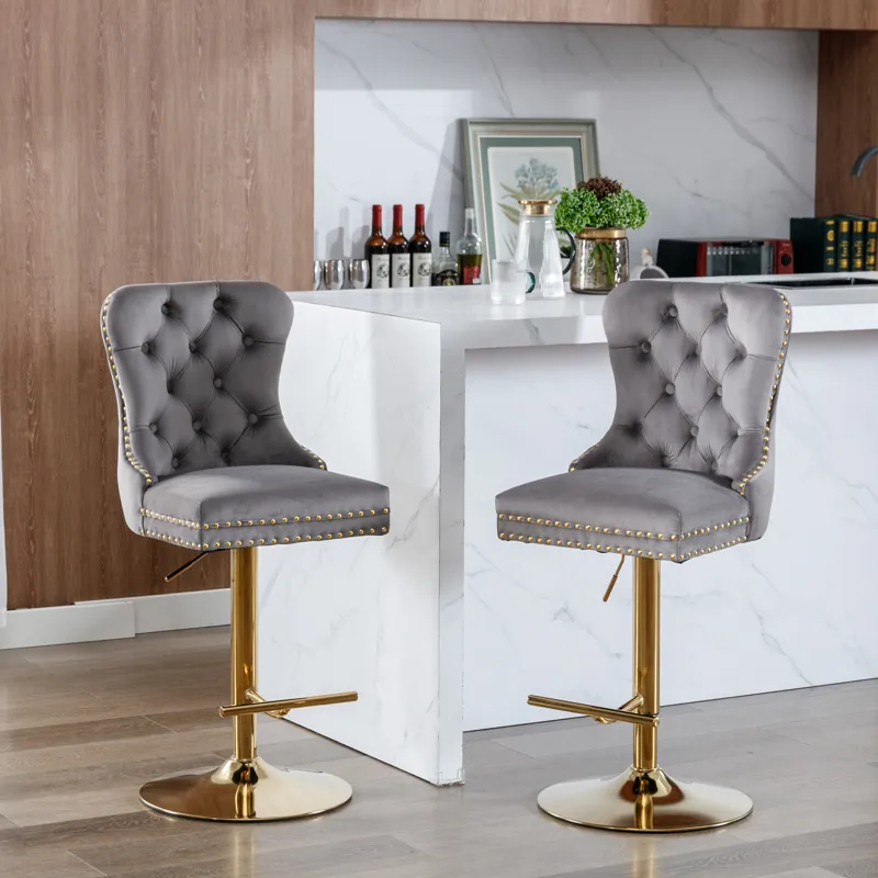 Thick Golden Swivel Velvet Barstools Adjusatble Seat Height From 25-33\", Modern Upholstered Bar Sto