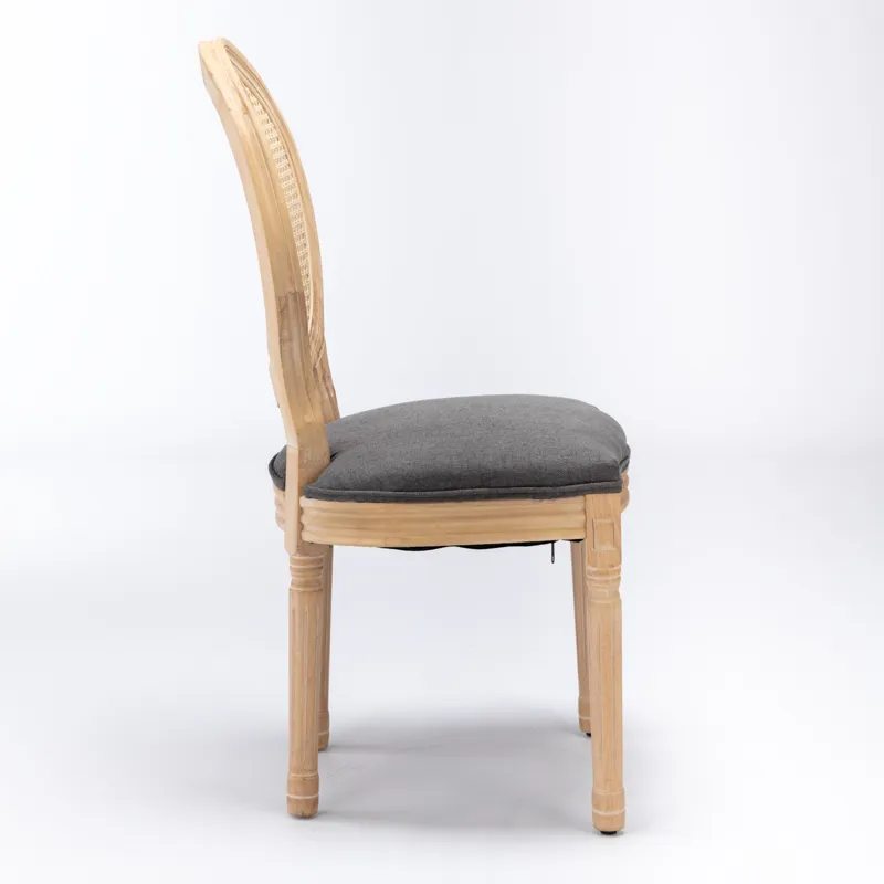 French Style Solid Wood Frame Antique Painting Linen Fabric Rattan Back Dining Chair (Set of 2) - Gr