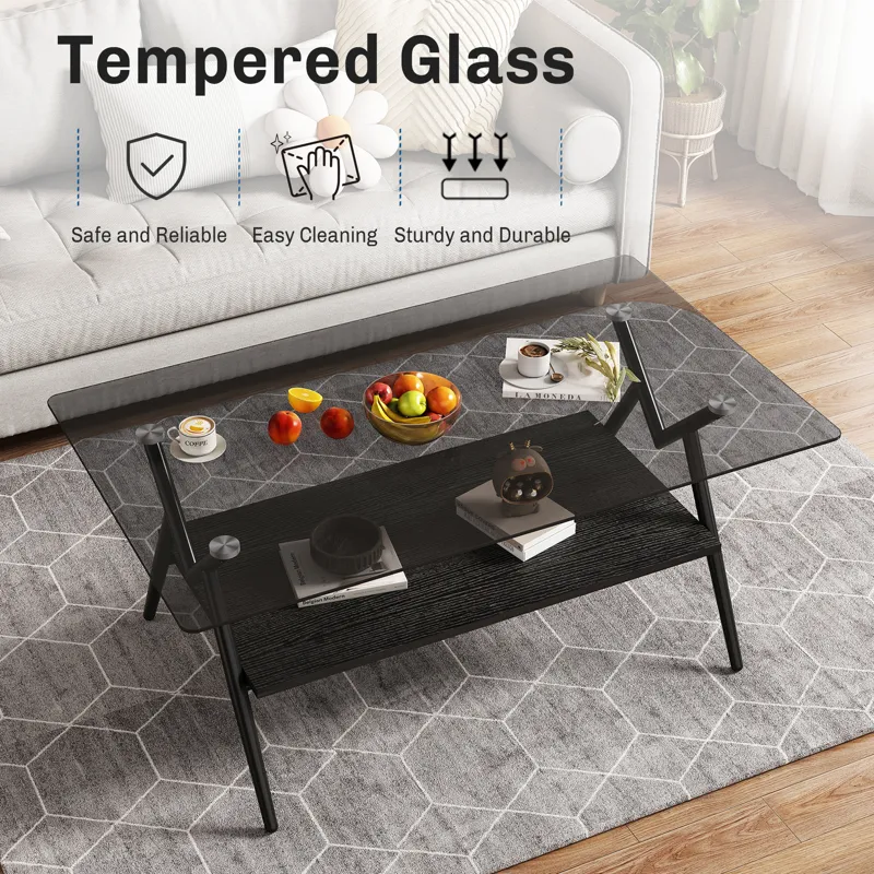 Rectangle Coffee Table With Tempered Glass Top And Black MDF Shelf, Modern Table For Living Room - G