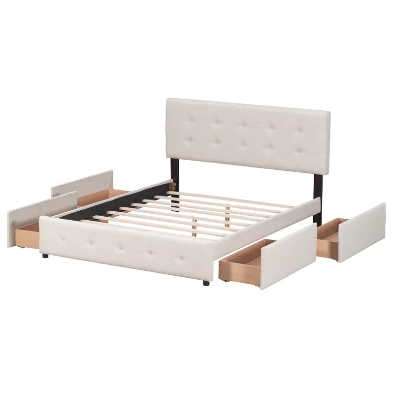 Queen Size Upholstered Platform Bed With Classic Headboard And 4 Drawers, No Box Spring Needed - Bei