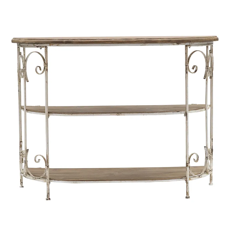 Three Tiered White Wooden Shelving Unit With Ornate Iron Frame - Multicolor