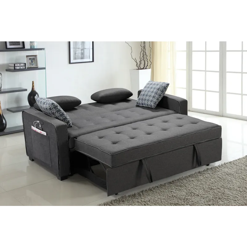 William - Modern Fabric Sleeper Sofa With 2 USB Charging Ports And 4 Accent Pillows - Gray