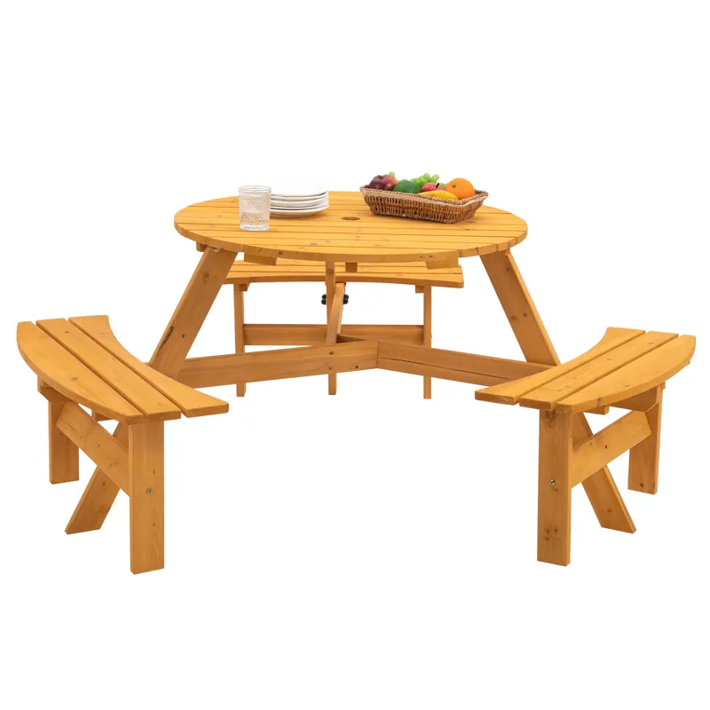 6 Person Circular Outdoor Wooden Picnic Table For Patio, Backyard, Garden, Diy With 3 Built-In Bench