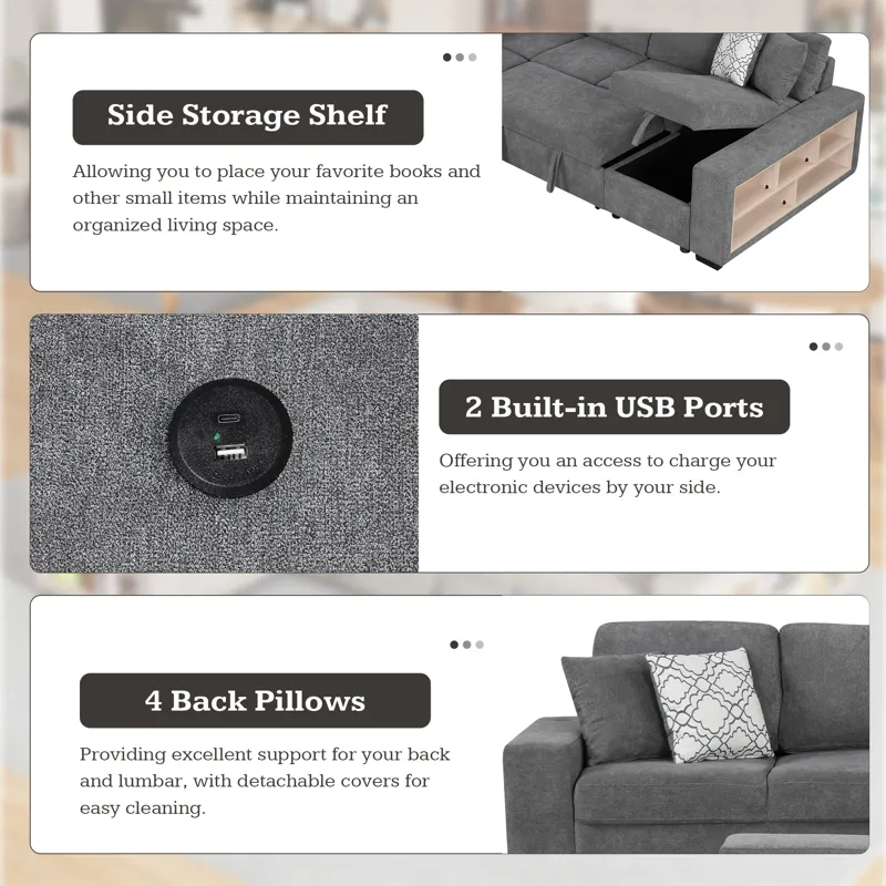 U-Shaped Sectional Sofa Pull-Out Sofa Bed With Two USB Ports, A Storage Chaise Lounge And Four Back 