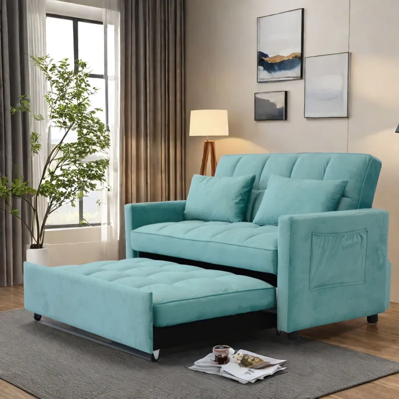 Velvet Two Seater Pull Out Sofa Bed, Adjustable Backrest With Three USB Ports, Two Side Pockets, 3 I