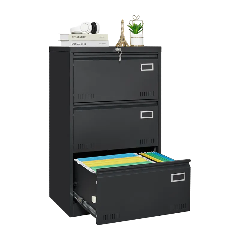 Filing Cabinet Lateral File Cabinet 3 Drawer, Blcak Locking Metal File Cabinets Three Drawer, Office