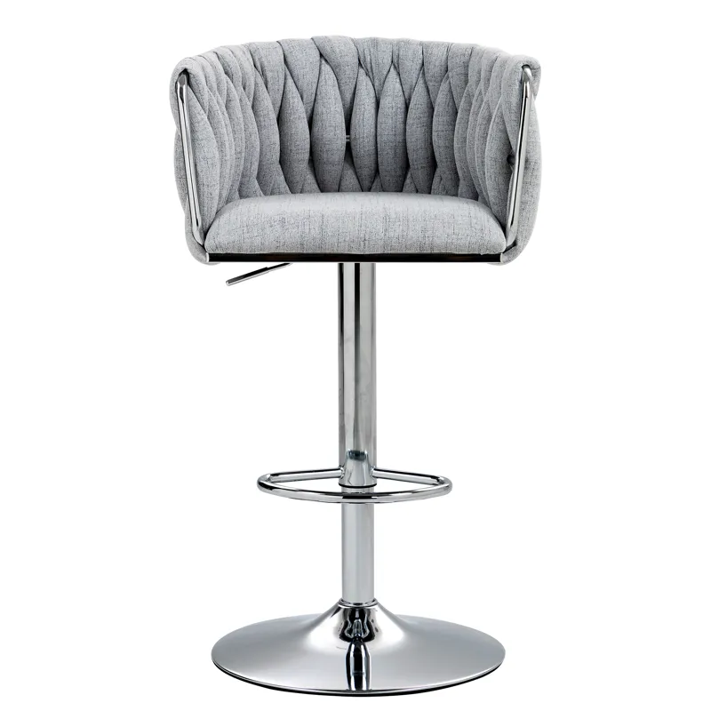 360 Degree Swivel Bar Stools Adjustable Counter Height Bar Chairs With Woven Back & Footrest, Silver