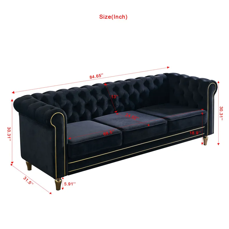 Chesterfield - Velvet Sofa 84.65\" For Living Room - Black