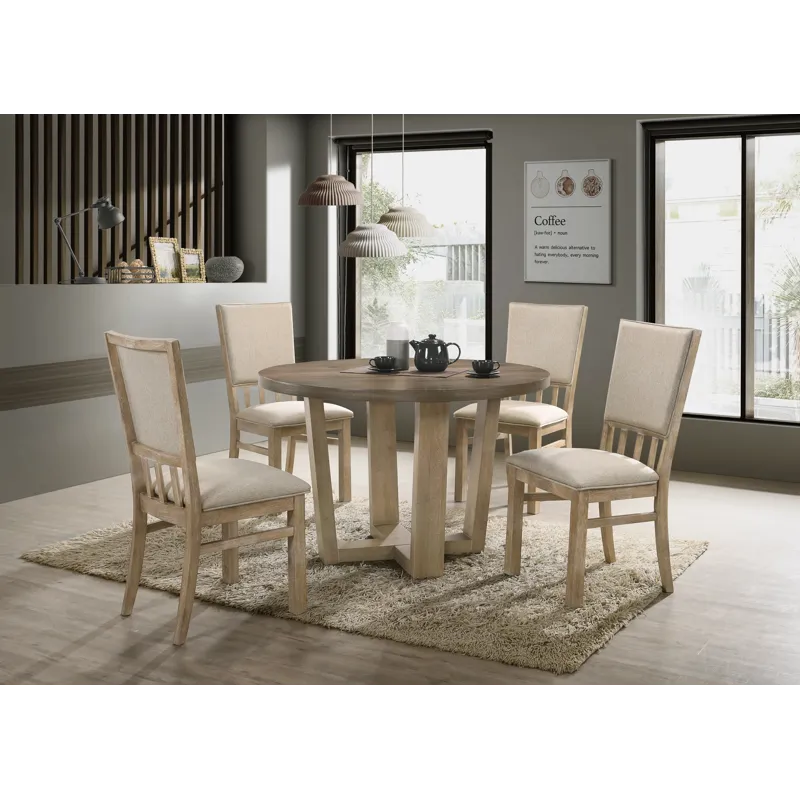 Brutus - 5 Piece Wide Contemporary Round Dining Table With Wheat Colored Fabric Chairs (Set of 5) - 