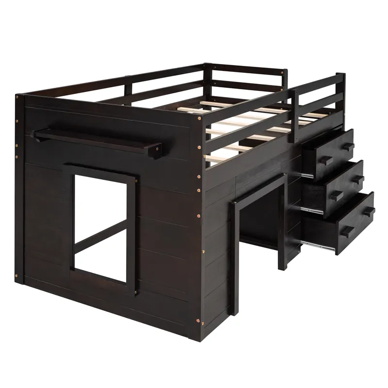 Twin Size Loft Bed With Cabinet And Shelf - Espresso