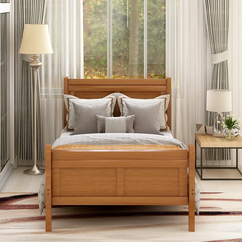 Twin Platform Bed Frame Mattress Foundation Sleigh Bed With Headboard / Footboard / Wood Slat Support - Oak