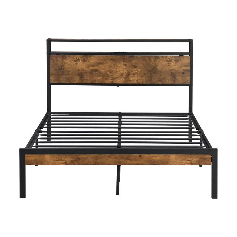 Full Size Metal Platform Bed Frame With Wooden Headboard And Footboard With USB Liner, No Box Spring