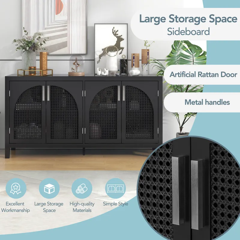 Large Storage Space Sideboard With Artificial Rattan Door And Metal Handles For Living Room And Entr