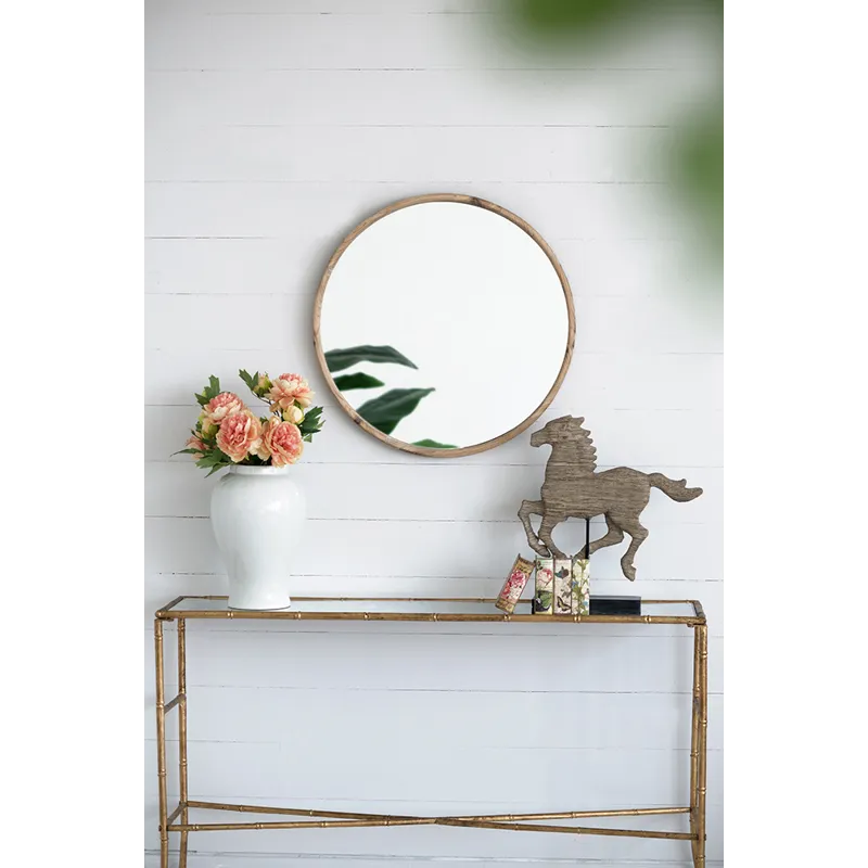 Round Wood Mirror, Wall Mounted Mirror Home Decor For Bathroom Living Room - Brown