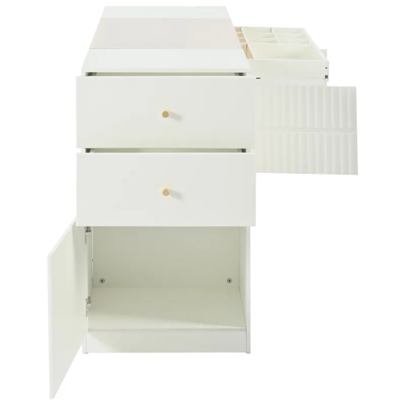 Modern Luxury Multi-Functional Island Vanity Dresser And Storage Cabinet With Glass Tabletop, Displa